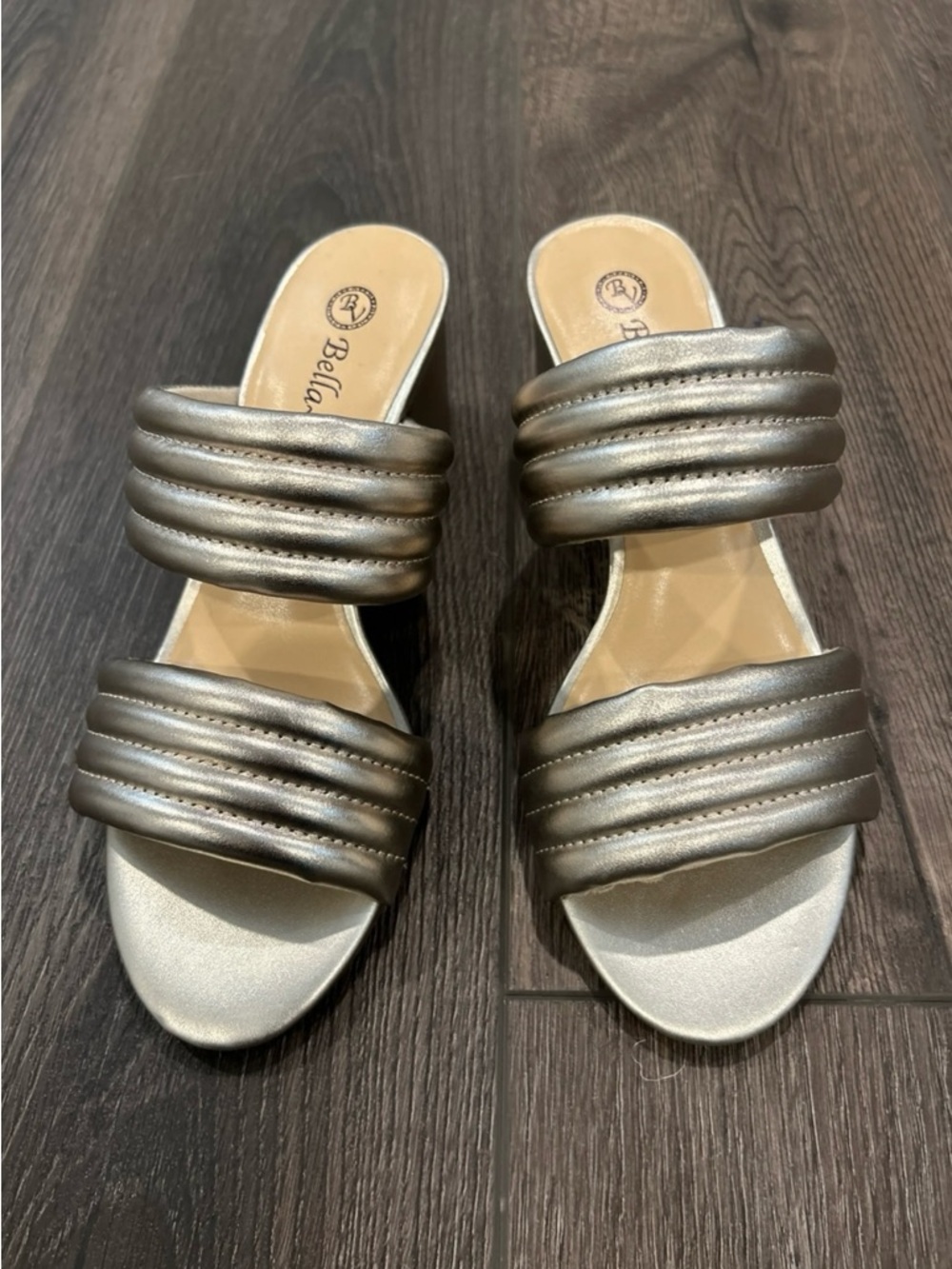 Bella Vita Pewter Metallic Double-Strap Slide Mules